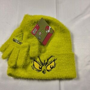 The Grinch Bioworld Fuzzy‎ Knit Beanie and Gloves Set Lime Green Dr Seuss New